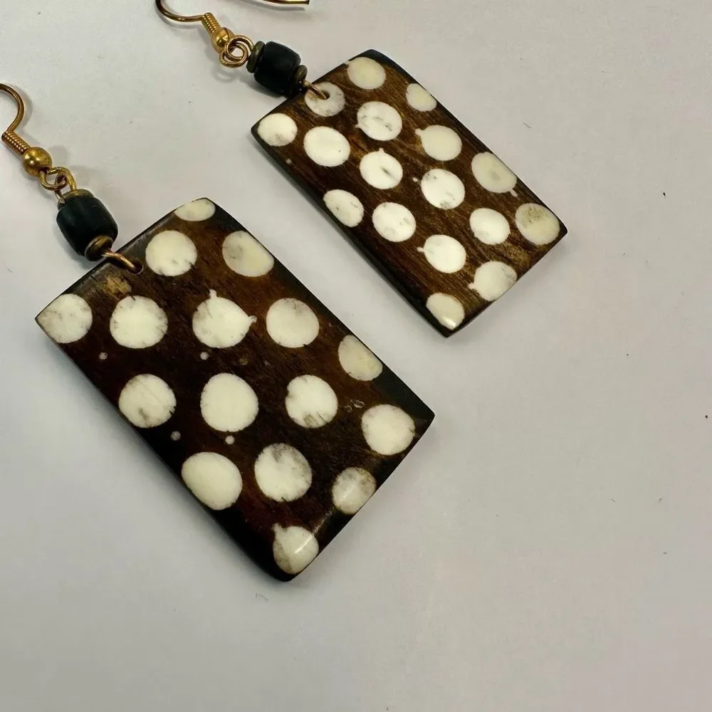 Ethnic brown and white bone earrings